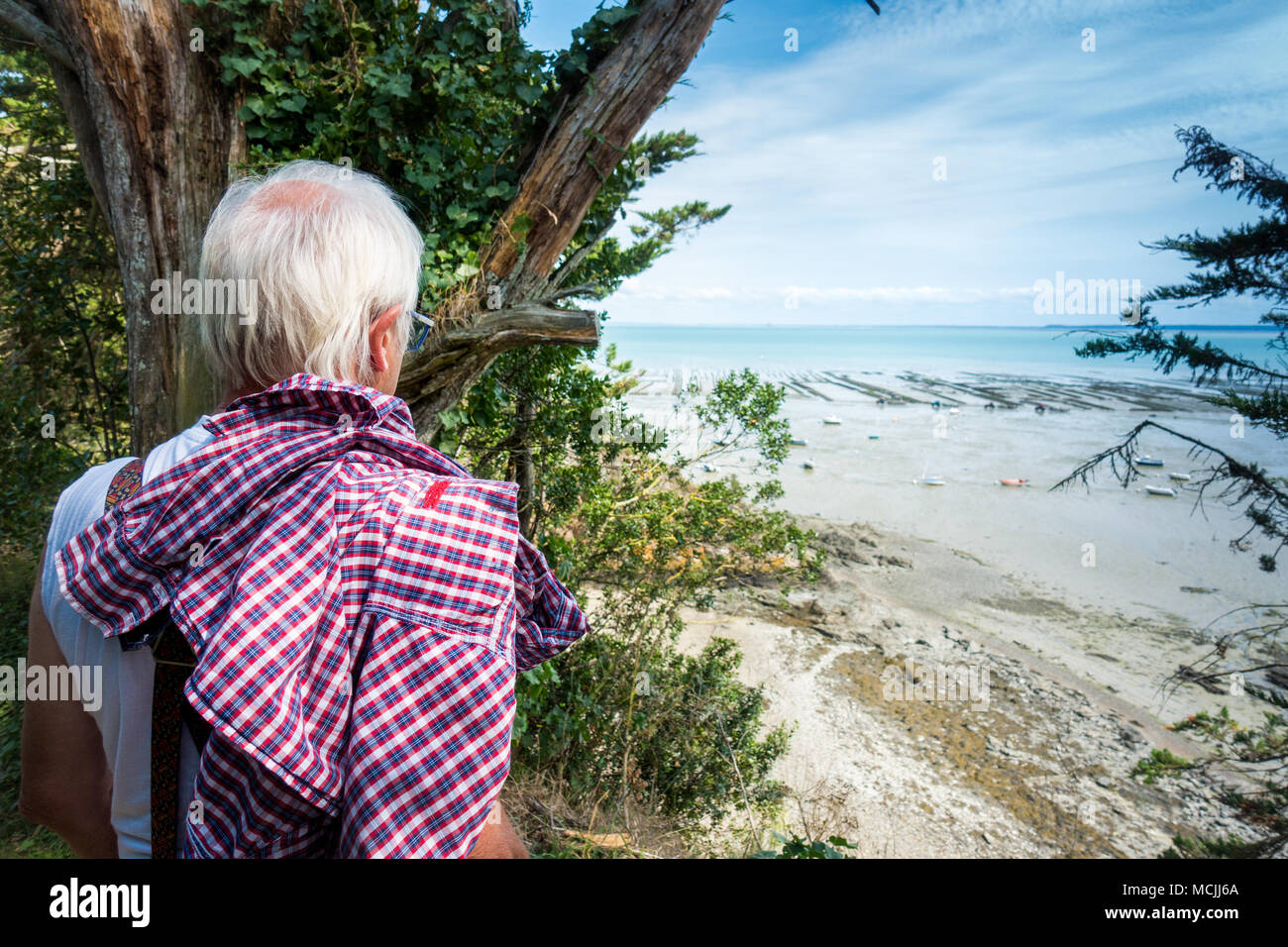 Vista posteriore del vecchio uomo che guarda alla spiaggia, Bretagna, Francia, Europa Foto Stock