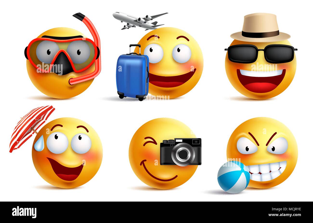 Vettore di smileys impostato con estate e abiti da viaggio. Smiley emoticon con le espressioni del viso e la spiaggia di elementi per le vacanze estive e vacanze Illustrazione Vettoriale