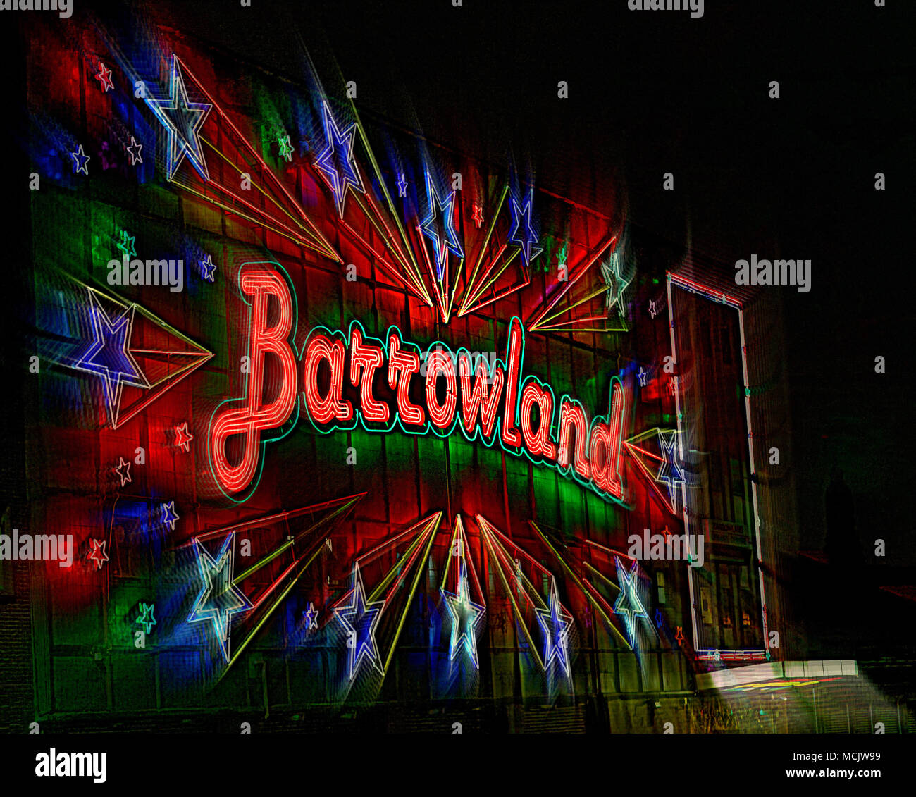 Il logo di segno neon luci brillanti dell'gerry cinammon concerto notte Barrowland di sala da ballo, la sala da concerto Foto Stock