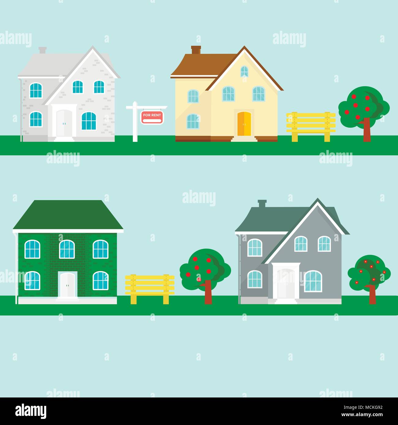 Pagina di intestazione per le vendite, la pubblicità house, cottage con alberi. Offerta di acquisto di casa. La locazione di beni immobili. Vector design piatto, paesaggio urbano. Illustrazione Vettoriale