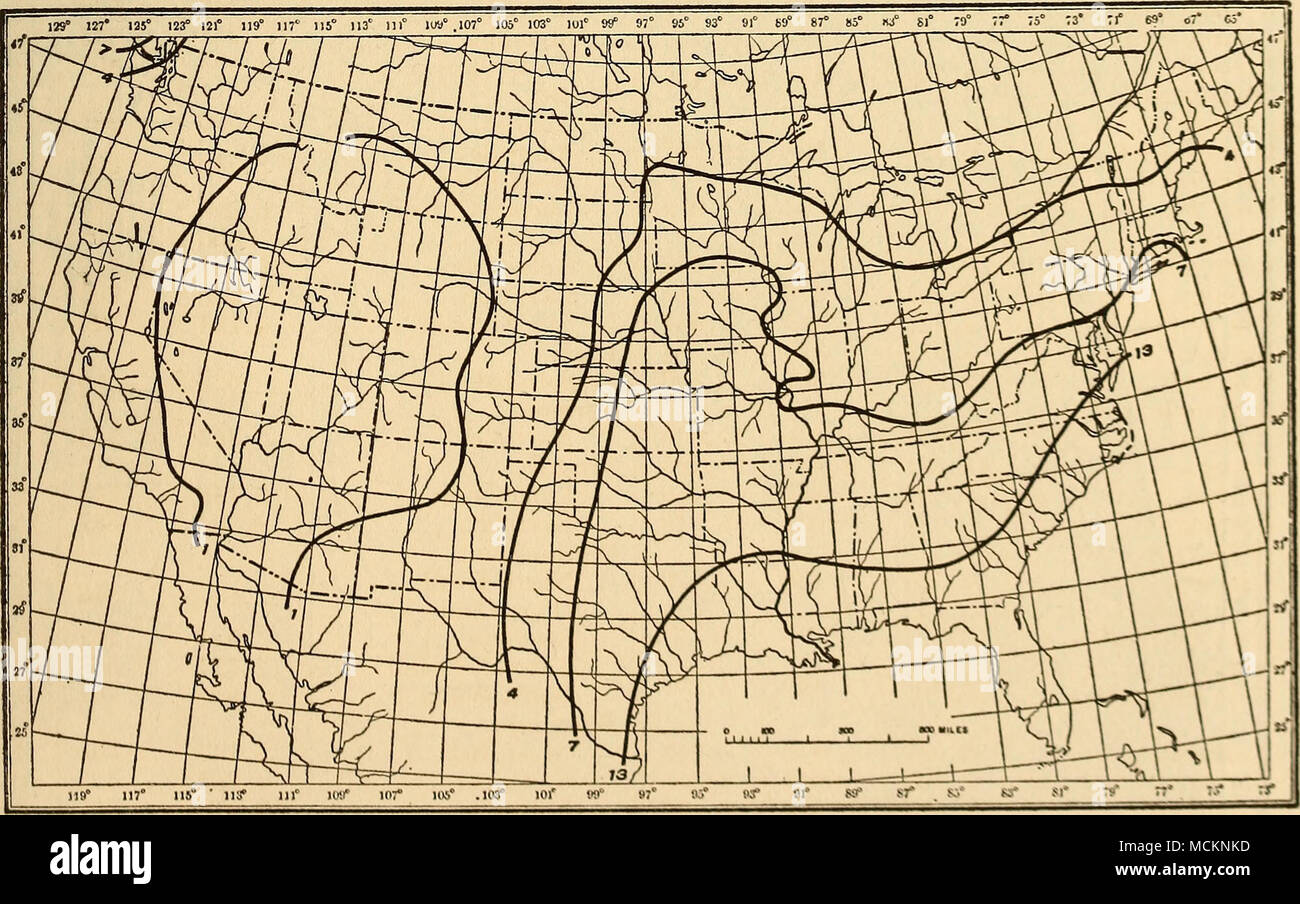 . Fig. 18.-temperatura e umidità zonazione, secondo moisturo-tomporaturo prodotti: (fisio- metodo logico) per periodo di media stagione frostlcss. Temperatura e umidità province: Molto hioh, più di 13; alta, 7 a 13; medie, da 4 a 7; loir, da 1 a 4; molto bassa, inferiore a 1. Nu- merical valori rappresentano migliaia. (Vedere anche la piastra 72). Foto Stock