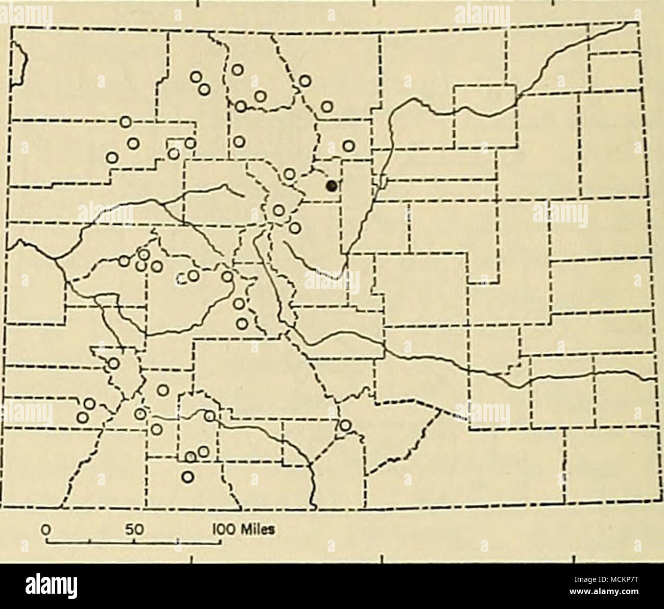 . Fig. 103. Distribuzione di Gulo gulo luscus in Colorado. Per la spiegazione dei simboli, vedere p. 9. Resoconti storici di Coloradan wolver- ines non sempre sono coerenti. Secondo Wright et al. (1933): "Nel Parco Nazionale delle Montagne Rocciose [ghiottoni] erano presenti in numeri di moderata durante la Pioneer giorni di quella regione, ma nessuno è stato visto in o vicino al parco per molti anni. . ." Invece, Warren (1942:70) ha scritto: "Nel 1878 A. E. Sprague vide un Wolverene sul mo- raine a sud di morene Park .... Questo è il solo il sig. wolverene Sprague abbia mai visto o sentito parlare di Estes Par Foto Stock