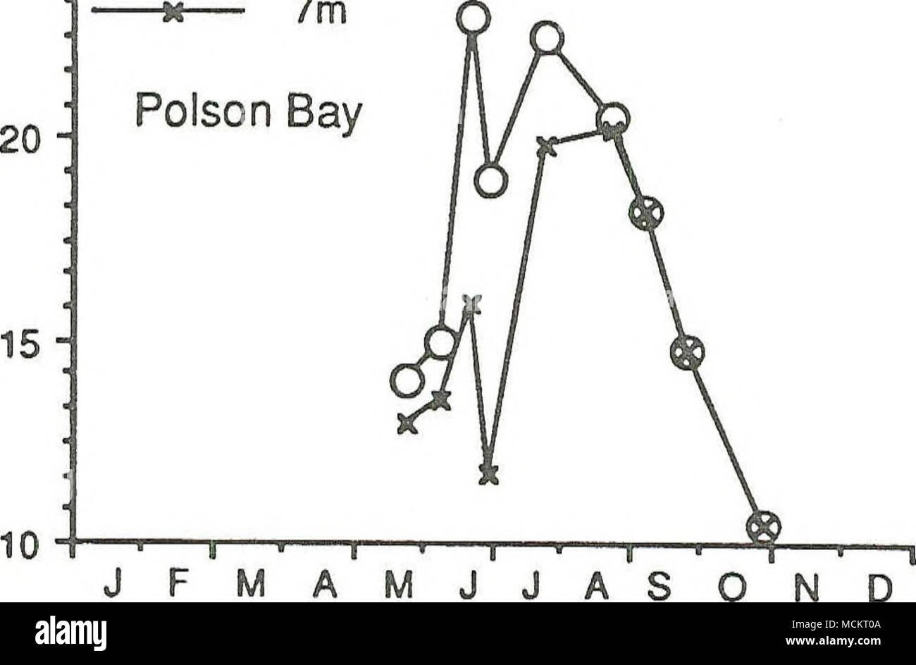 . Mese di figura 24. Abbondanza stagionale del macrozooplankton dominante a veleno Bay e Deep Mid-Lake stazioni nel lago Flathead durante il 1988. Masse volumiche a MLD sono state calcolate sommando incrementale di 10m cale da 20m per la superficie. Densità a veleno Bay sono stati calcolati dal fondo (6m) alla superficie cale. Foto Stock