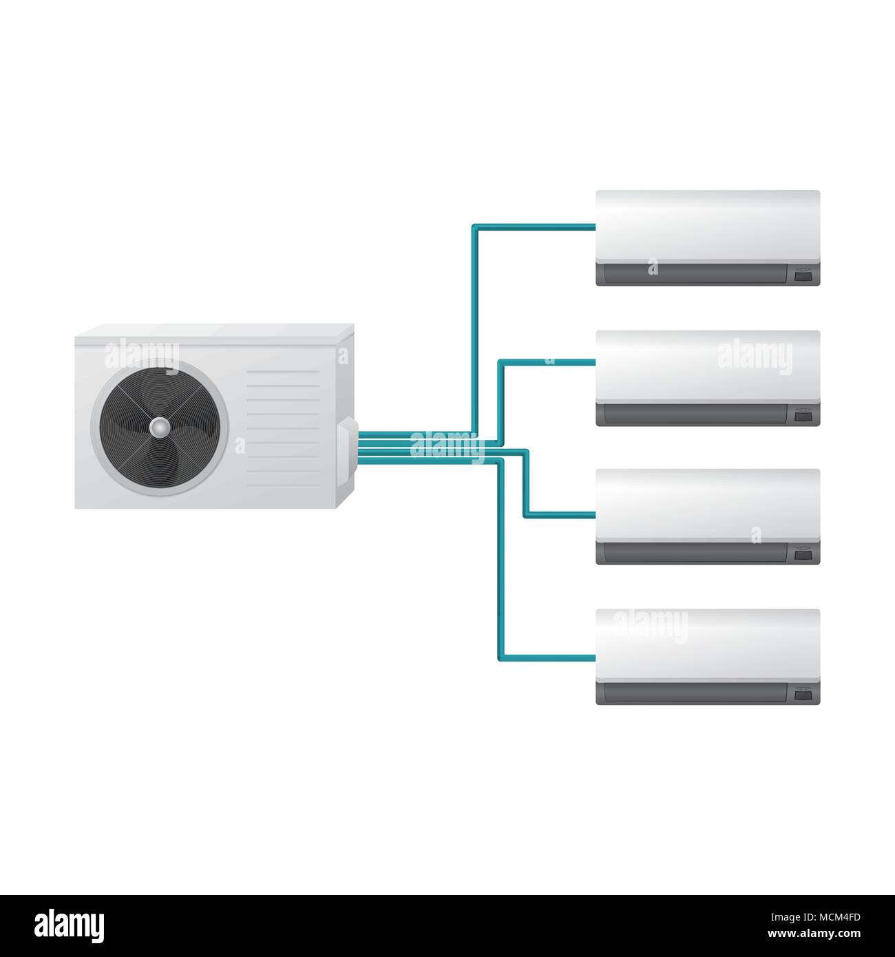 Il sistema di aria condizionata con una esterna e quattro unità interna. Illustrazione Vettoriale
