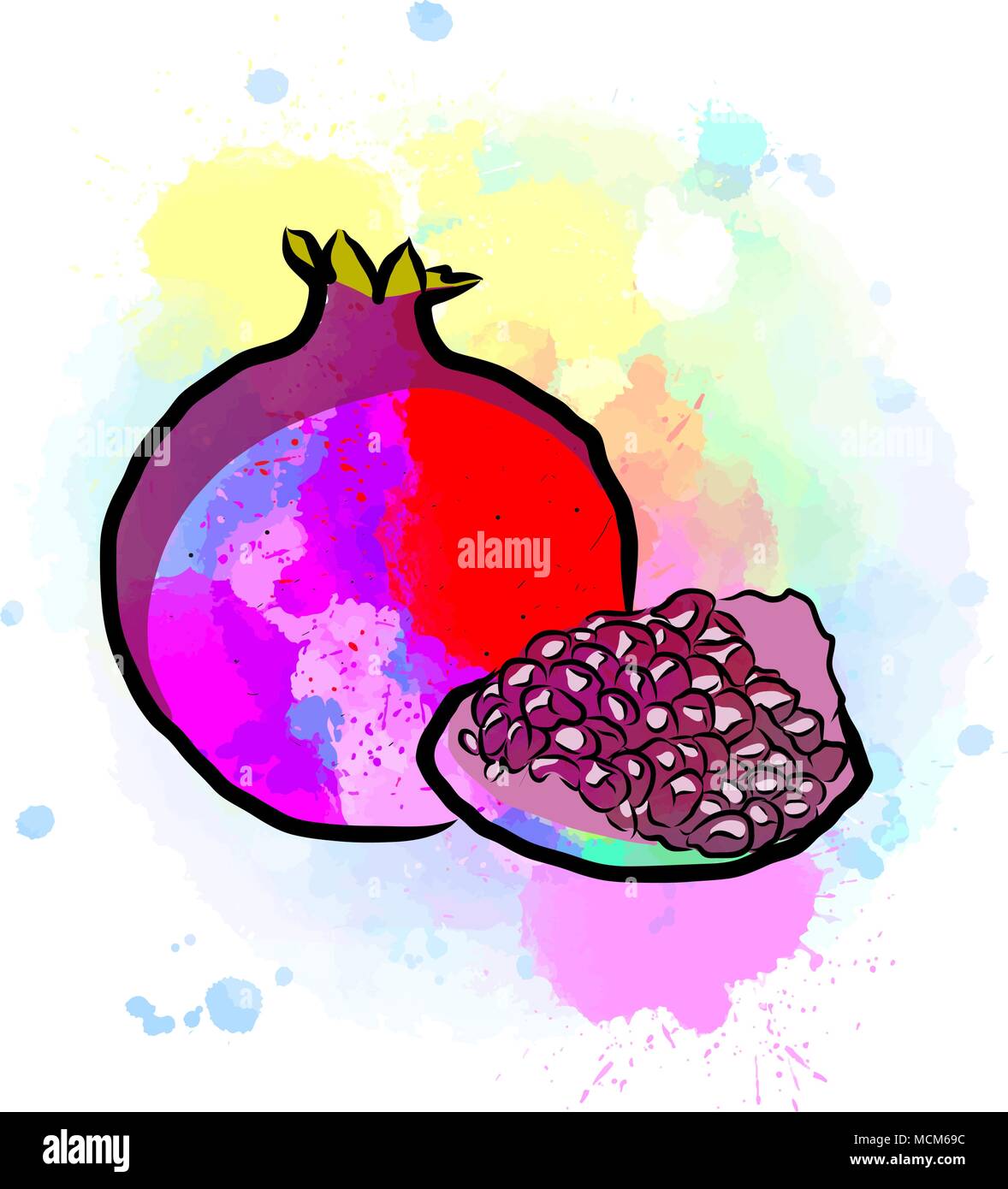 Disegno colorato di melograno. Un design fresco di frutti colorati realizzati in stile acquarello. Marketing moderno illustrazione su sfondo bianco. Illustrazione Vettoriale