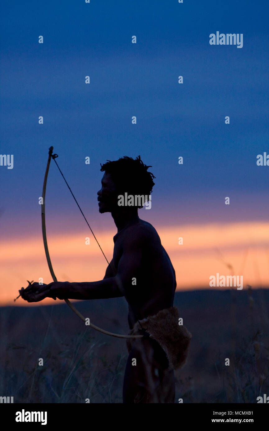 Silhouette di una SAN che impugna un arco e frecce Kgalagadi, Sud Africa Foto Stock
