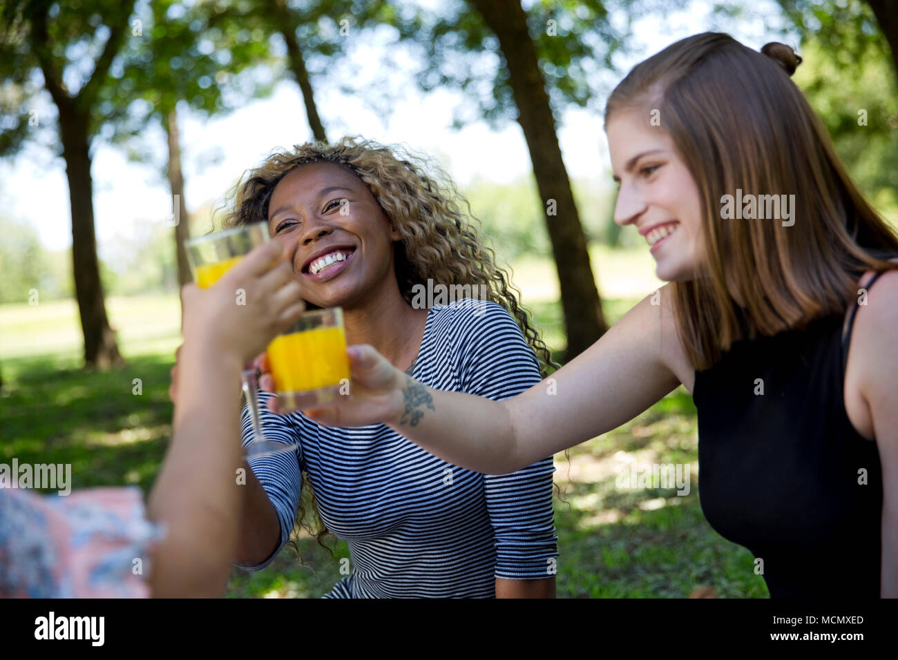 Tre donne aventi un picnic nel parco Foto Stock