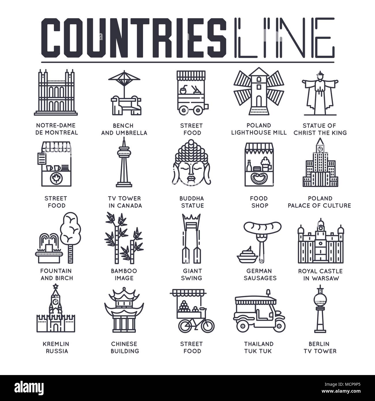 Viaggio paese collextion set. Set di architettura, la moda, la gente, la voce della natura il concetto di sfondo. Una infografica tradizionali piatti etnici, contorno, thin line icona Illustrazione Vettoriale