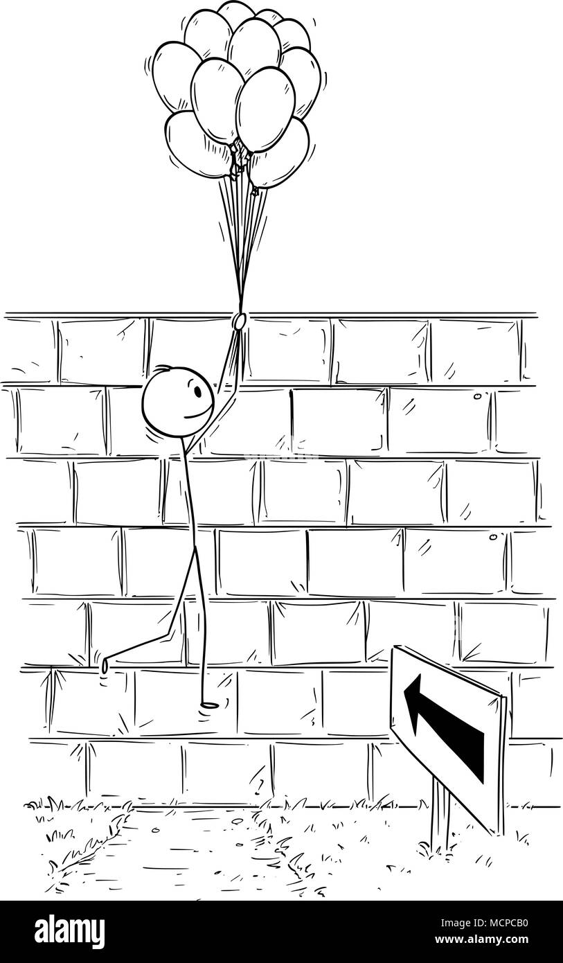 Cartoon di uomo o imprenditore superamento ostacolo tenendo la parete mazzetto di palloni gonfiabili o palloncini Illustrazione Vettoriale