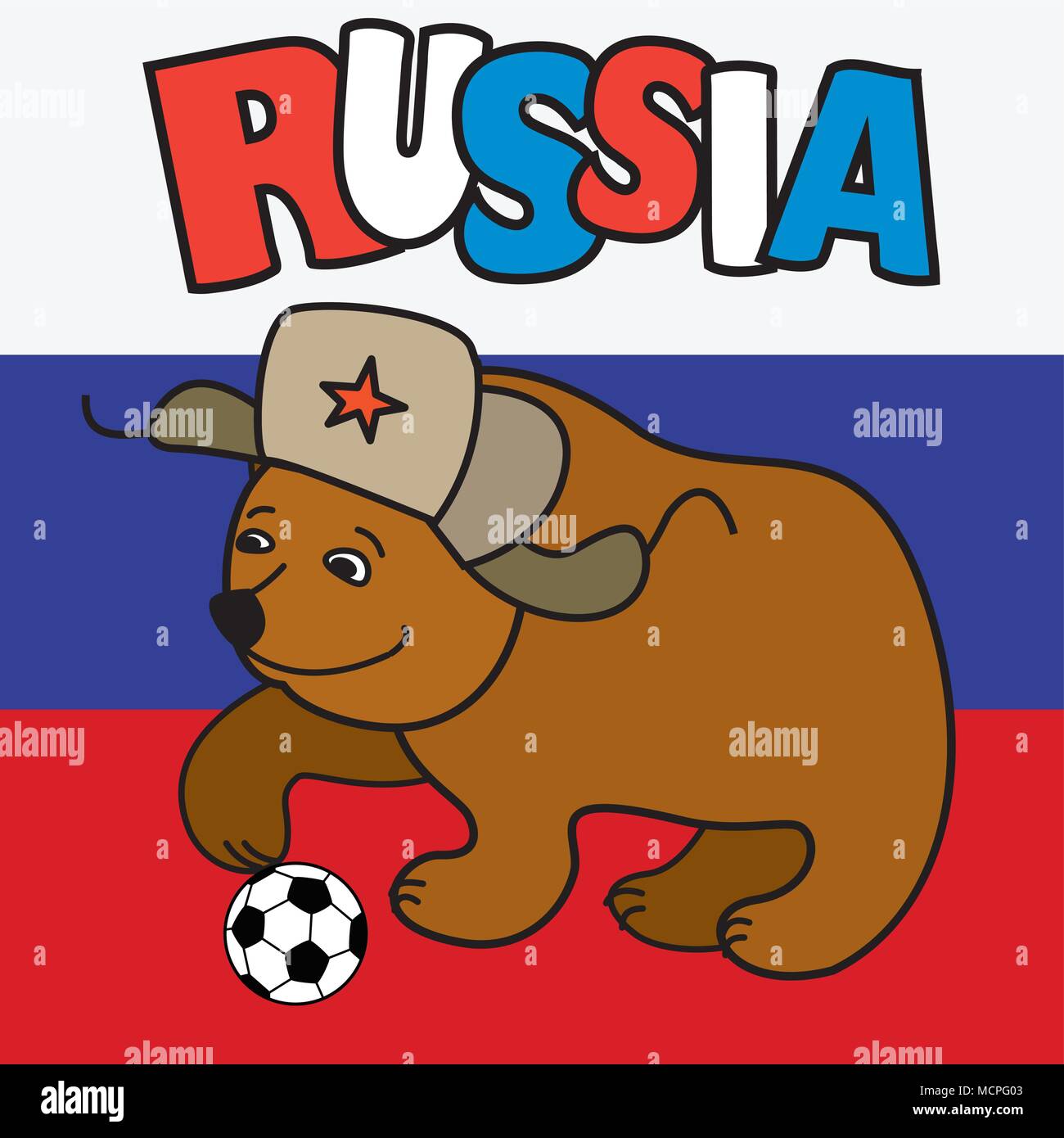 Cartoon orso con pallone da calcio indossando un cappello russo earflaps,bandiera russa sullo sfondo, vettore Illustrazione Vettoriale