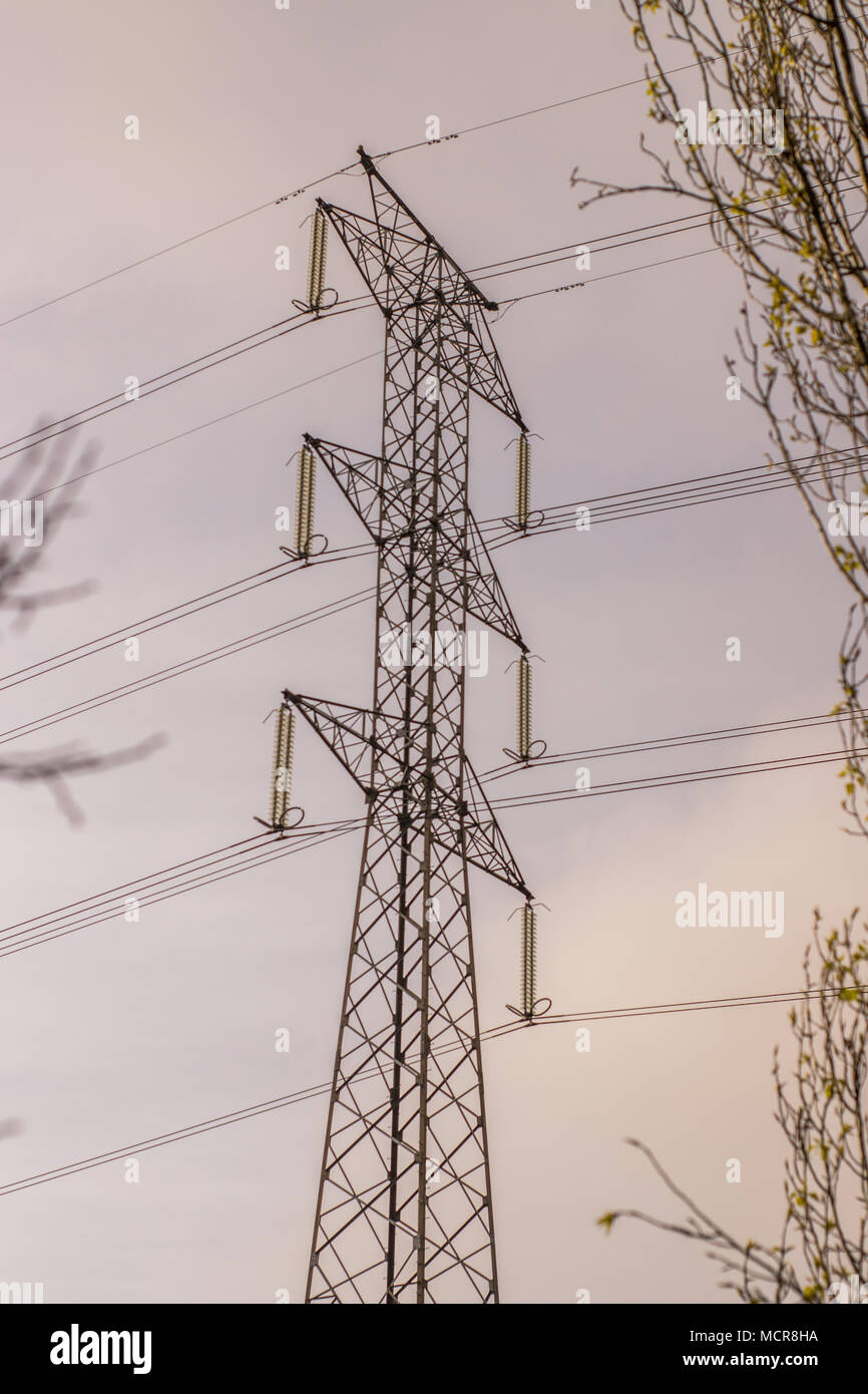 Stazione Eletric, torre del cavo sul paesaggio Foto Stock