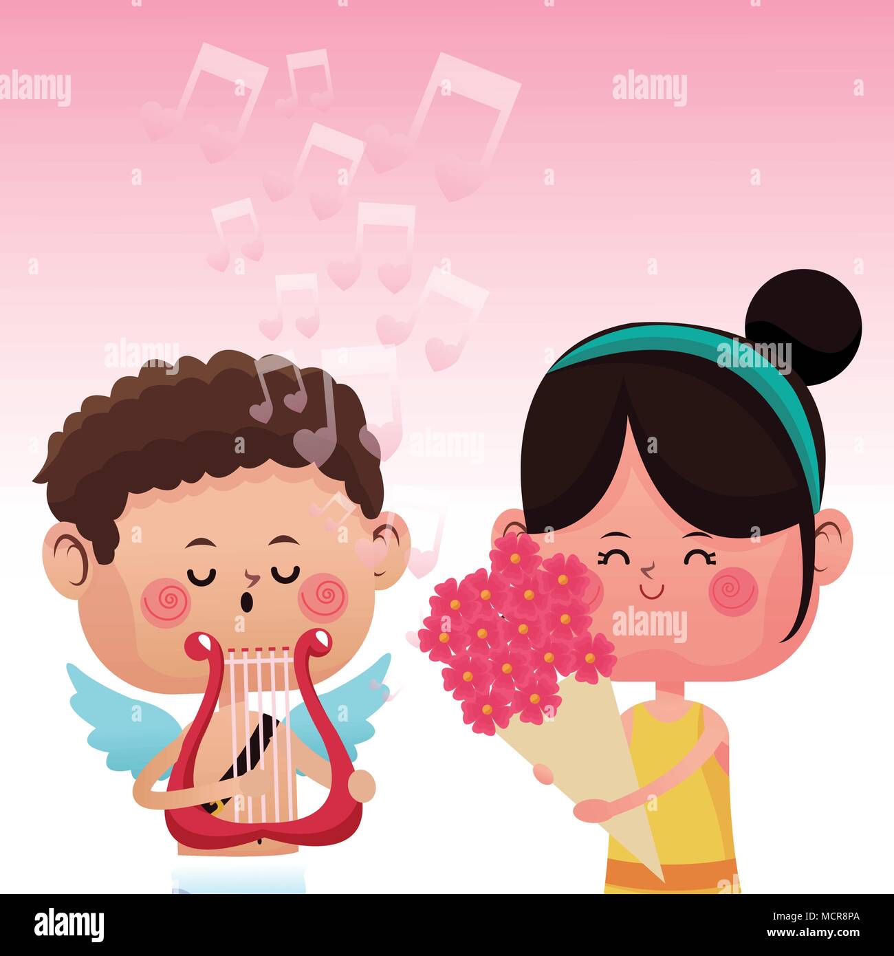 Ragazza carina con cupido cartoon Illustrazione Vettoriale