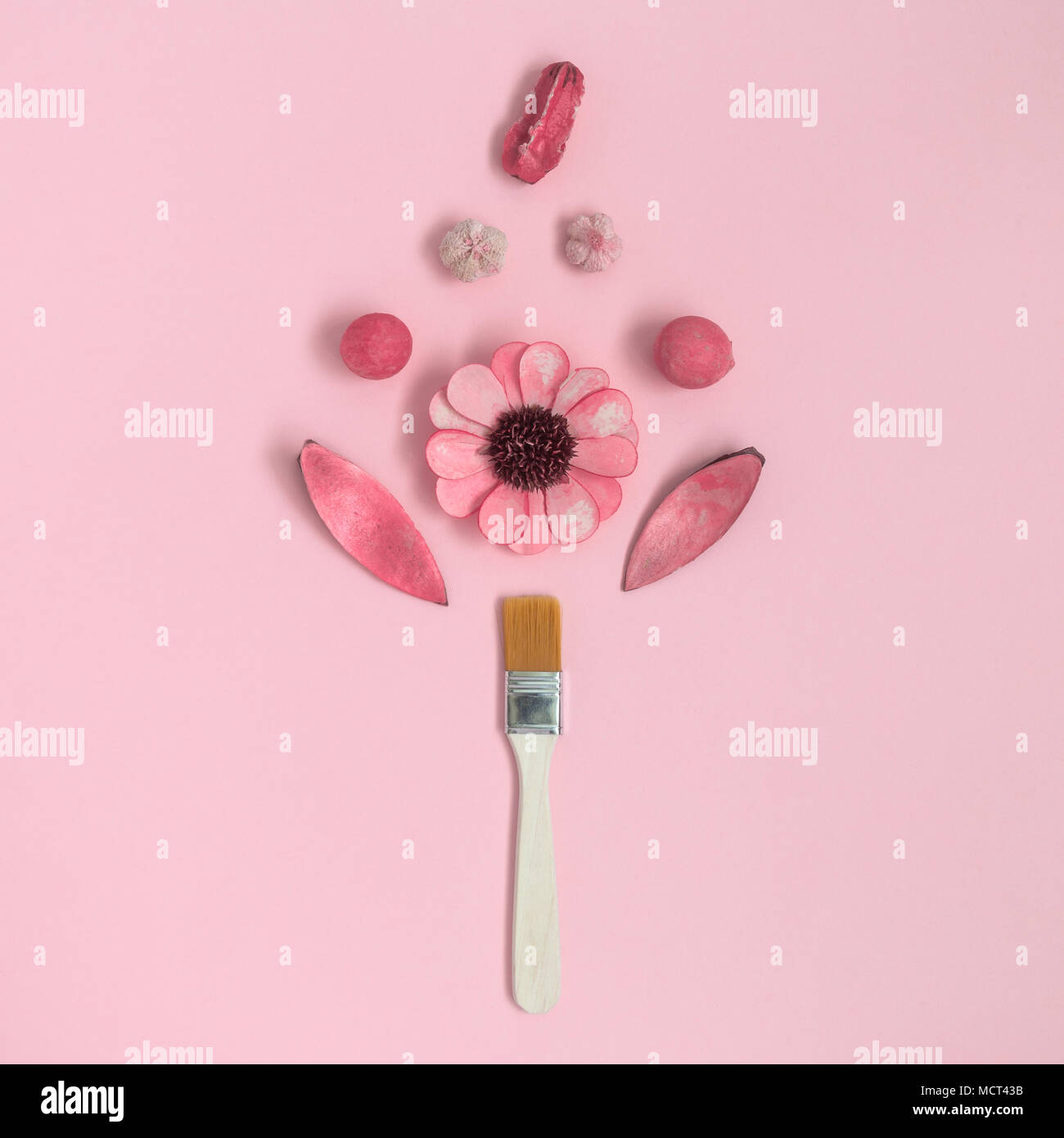 Spazzola di vernice con fiore e parti di pianta contro rosa pastello sullo sfondo della minimal art concetto creativo. Foto Stock