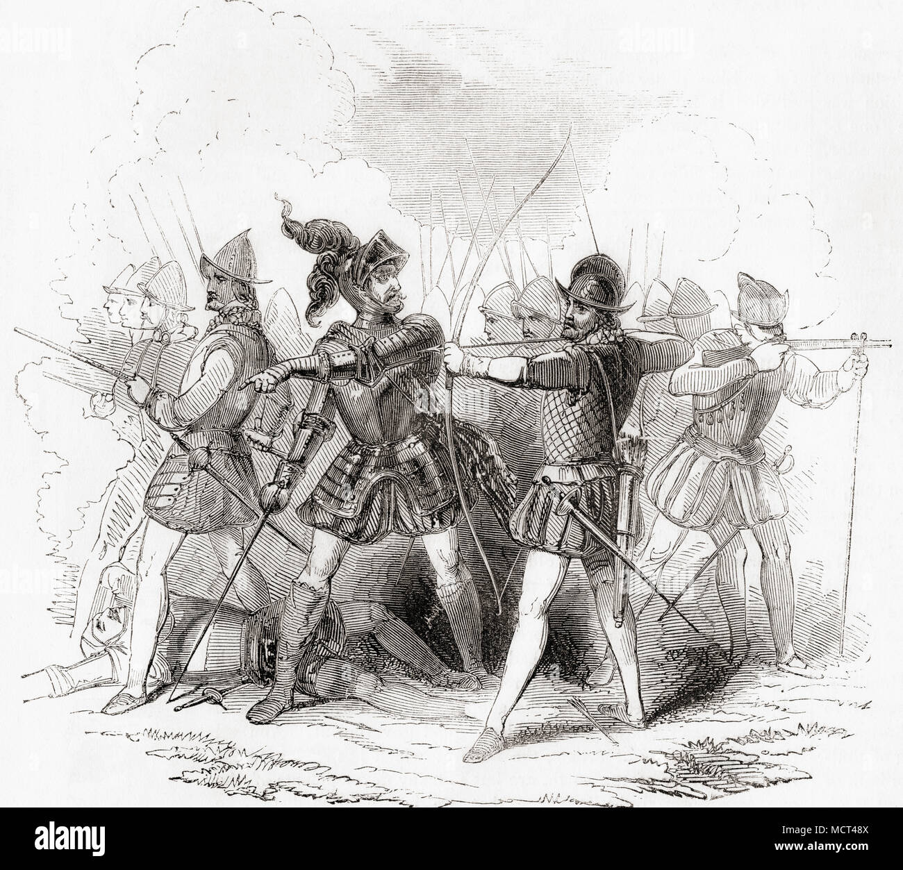 Signore Willoughby, visto qui a metà di armatura di un ufficiale generale, il costume e abbigliamento di un pikeman, un arciere e un musketeer del periodo Elizabethan. Da Vecchia Inghilterra: un museo pittorico, pubblicato nel 1847. Foto Stock