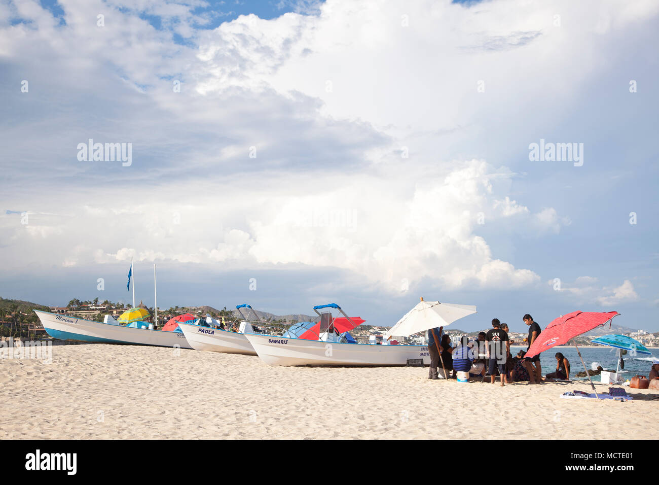 Barche e lucertole da mare a Playa Palmilla Los Cabos, Baja California Sur, Messico Foto Stock