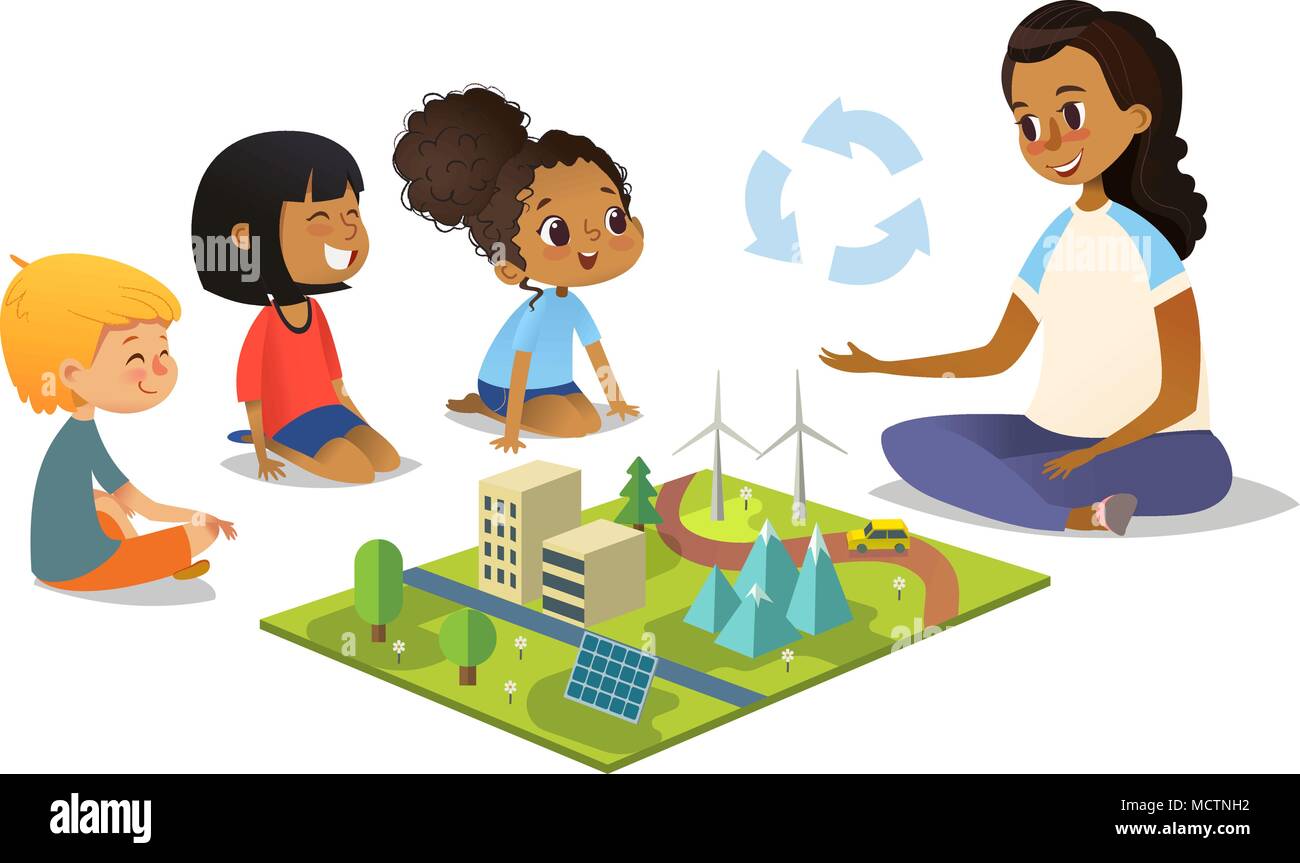 Insegnante femminile discute ecologia verde-città utilizzando il modello del paesaggio, i bambini seduti sul pavimento in cerchio e ad ascoltare i suoi. Attività in età prescolare e primi c Illustrazione Vettoriale