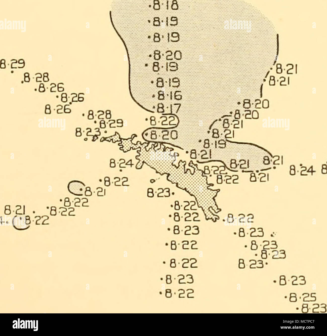 . 824 8 24 821 . -8^2 8 24.(^6 22 Fig. 152. La distribuzione dei valori di pH, mediati per la top 50 m., nella Georgia del Sud sondaggio, gennaio-febbraio 1930. Foto Stock