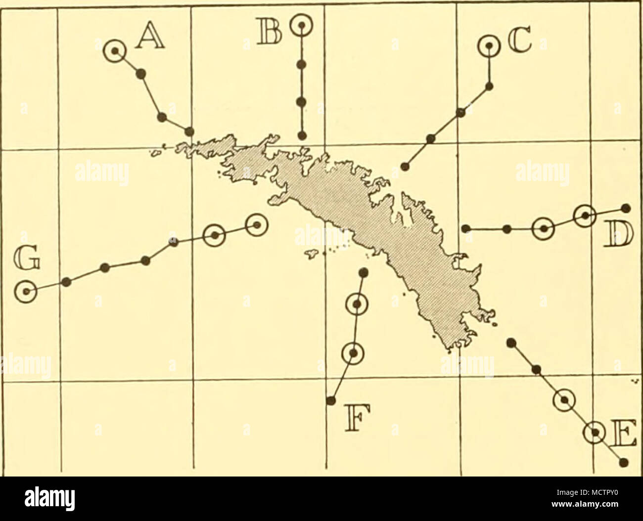 . Il tasto diagramma che mostra" posizione di linee di stazioni mostrato in figura. • Stazioni prese in condizioni di luce diurna. Le stazioni 0 prese nelle tenebre. Fig. 80. Mostra la distribuzione verticale della Metridia gerlachei, Giesbr. A 500 m. sulle linee di stazioni in Sud Georgia Dicembre-gennaio 1926-7 sondaggio. La scala rappresenta i numeri per 50 m. raggio verticale preso dalla chiusura (N 70 V) le reti in una serie di cale: 500-250, 250-100, 100-50 e 50-0 m. (Per quanto riguarda la profondità consentirà a). Per la distribuzione a profondità maggiori vedere appendice II. Per accompagnare le condizioni idrologiche vedere figg. 7 e 8. Sezione di linea Foto Stock