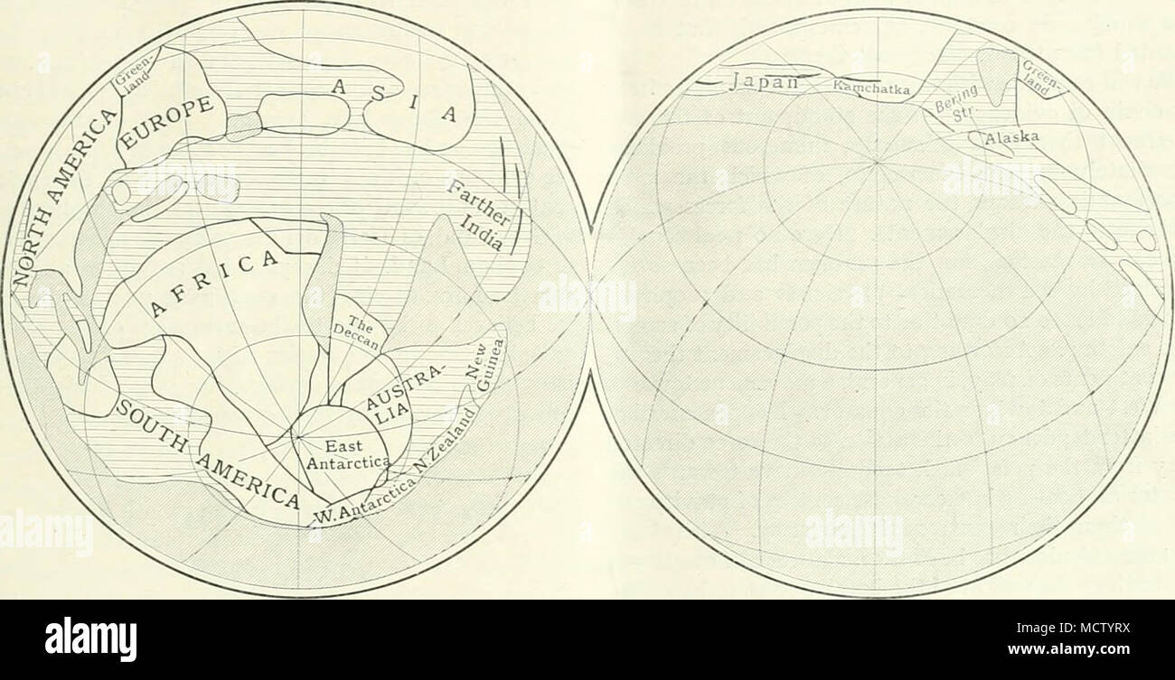. FIG. 3-L'WORI.D nel periodo Carbonifero, mostrando i poli. Tinte diagonale indicano il deep sea ; linee orizzontali di acqua poco profonda: porzioni non ombreggiata terra. Australia deviati in collisione con le isole di Sunda, con la conseguenza che un interscambio di flora e fauna ha avuto luogo. Nella ricerca di una spiegazione della ex condizioni climatiche condi- zioni, geologi hanno finora avversione per l'assunzione dei grandi movimenti della terra i poli con riferimento alla terra. Tuttavia, l'idea che è necessario assumere una notevole circolazione di poli nei primi tempi terziaria è stata recentemente gaini Foto Stock