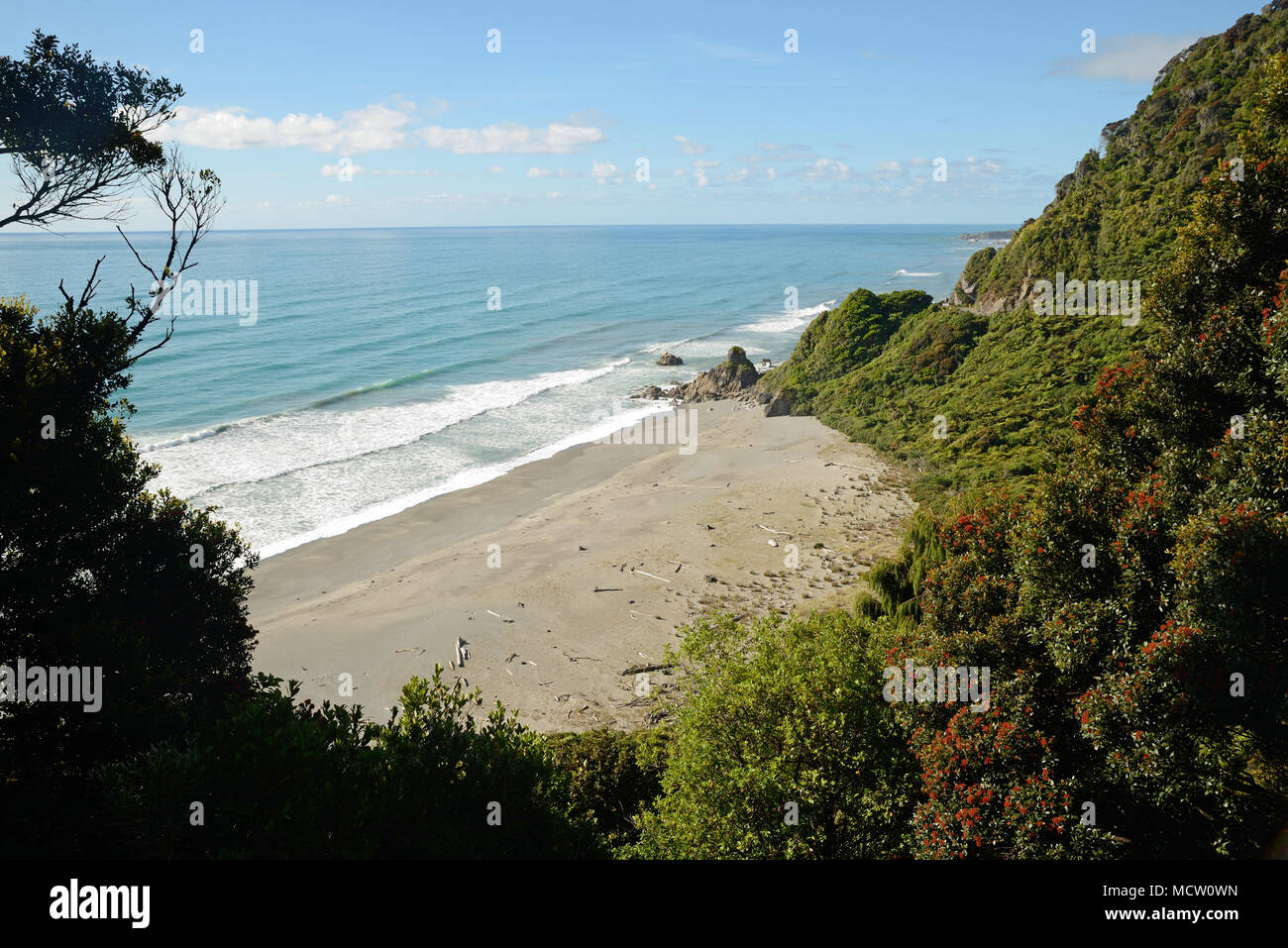 Una vista dalla strada costiera su Nuova Zelanda West Coast a nord di Greymouth, classificato come uno dei top ten percorsi panoramici nel mondo. Foto Stock