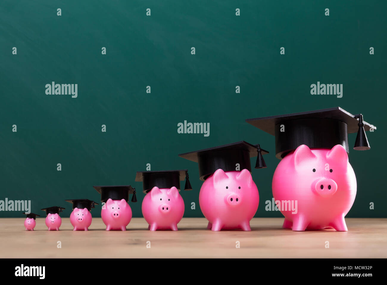 Aumentare Rosa Piggy banche con graduazione Hat disposti in una fila Foto Stock