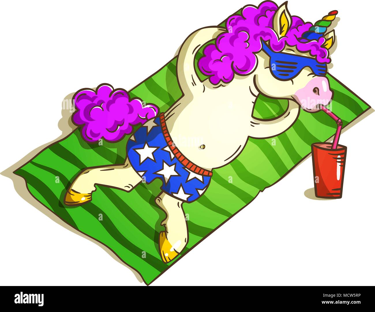 Discoteca unicorn rilassante su un asciugamano e bere qualche bevanda, illustrazione vettoriale Illustrazione Vettoriale