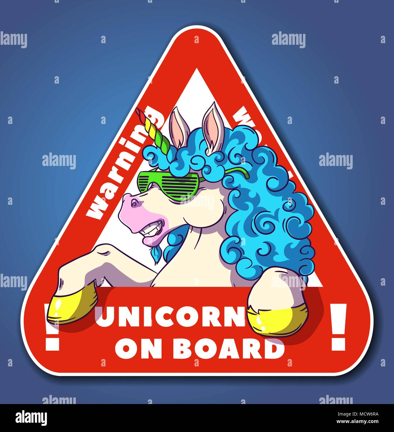 Funky unicorn in un triangolo, Unicorn a bordo adesivo di avvertenza, illustrazione vettoriale Illustrazione Vettoriale