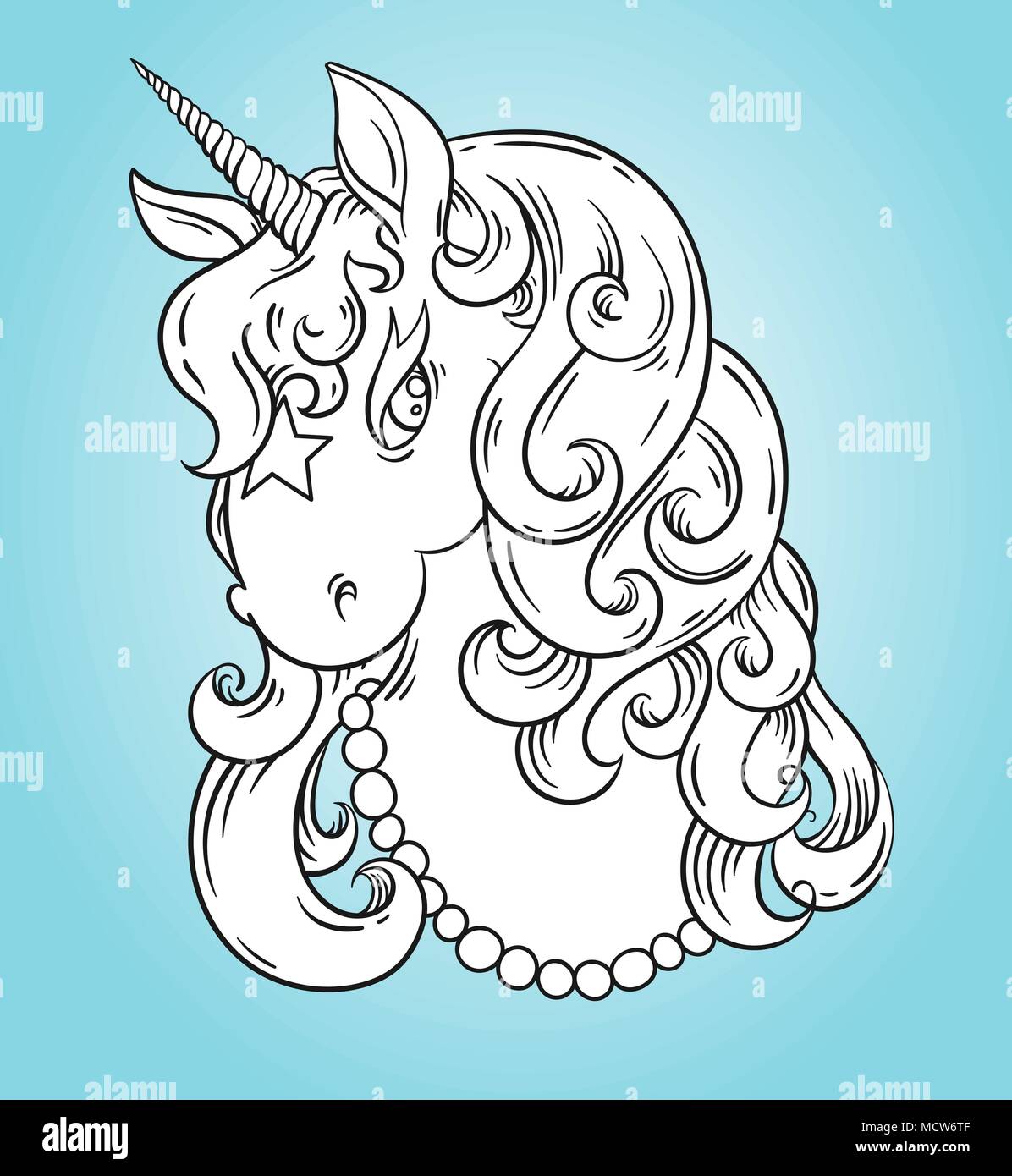 Unicorn testina di colorazione ritratto pagina, Poster. Carino magic cartoon fantasy concetto animale. Profilo isolato illustrazione vettoriale Illustrazione Vettoriale