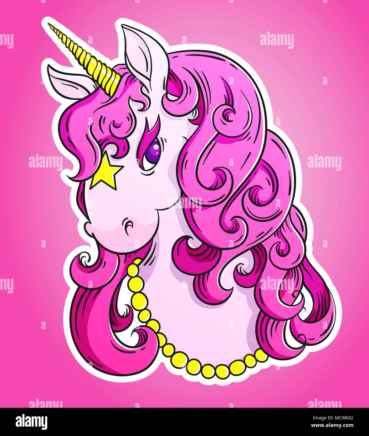 Pink unicorn ritratto di testa vignetta, poster. Carino magic cartoon fantasy concetto animale. Illustrazione Vettoriale Illustrazione Vettoriale