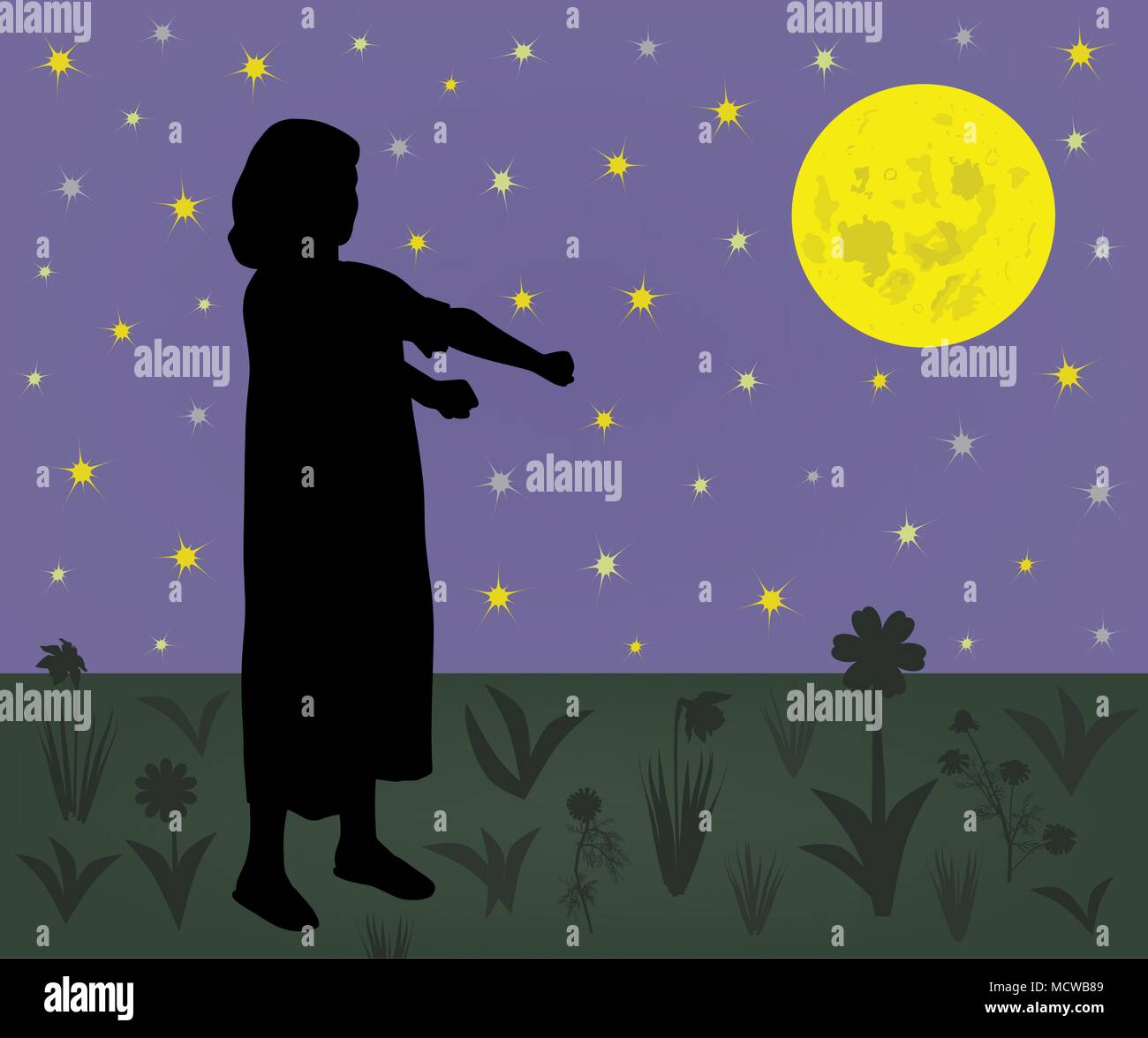 Giovane ragazza sleepwalker affetti da somnambulism camminando sul prato di notte Illustrazione Vettoriale