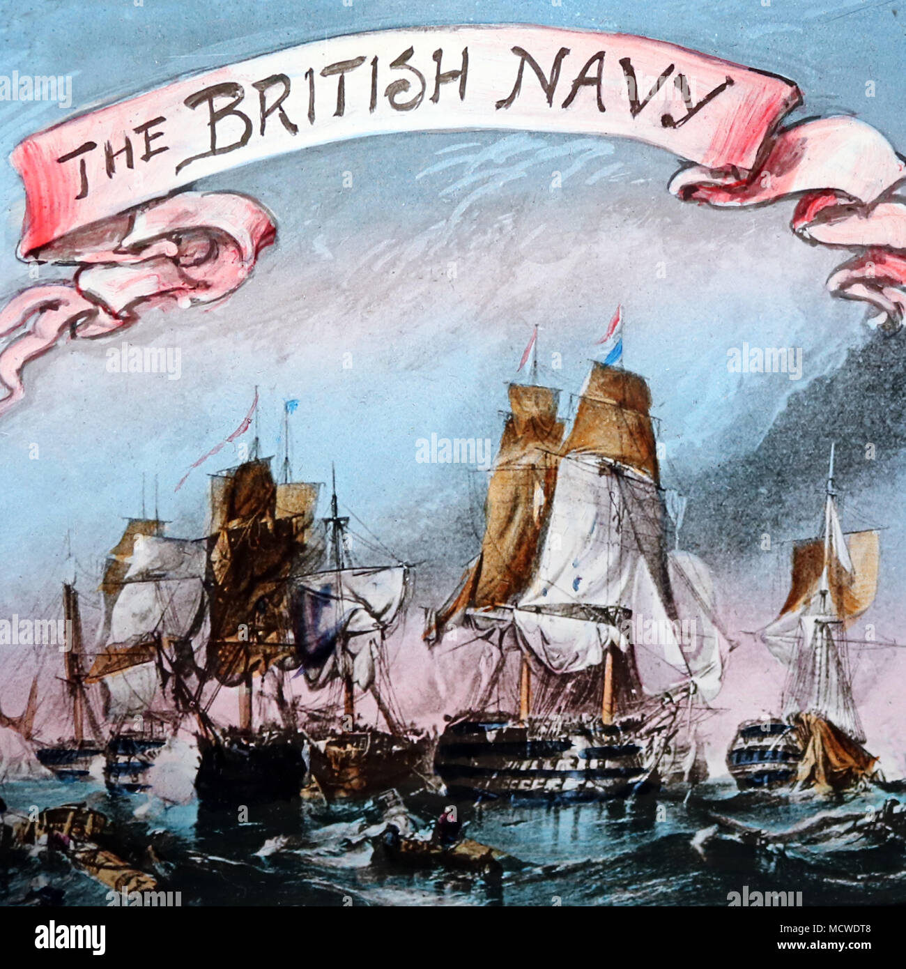 Royal Navy magic lantern slide probabilmente circa 1900 (mano illustrazione colorata) Foto Stock