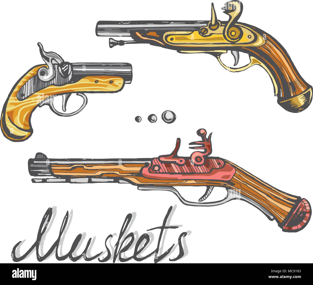 Moschetti set PISTOLE ANTICHE Illustrazione Vettoriale