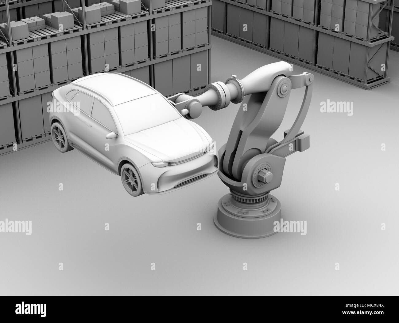 Creta immagine di rendering di pesanti braccio robotizzato portante SUV bianco in stabilimento di montaggio. Il rendering 3D'immagine. Foto Stock