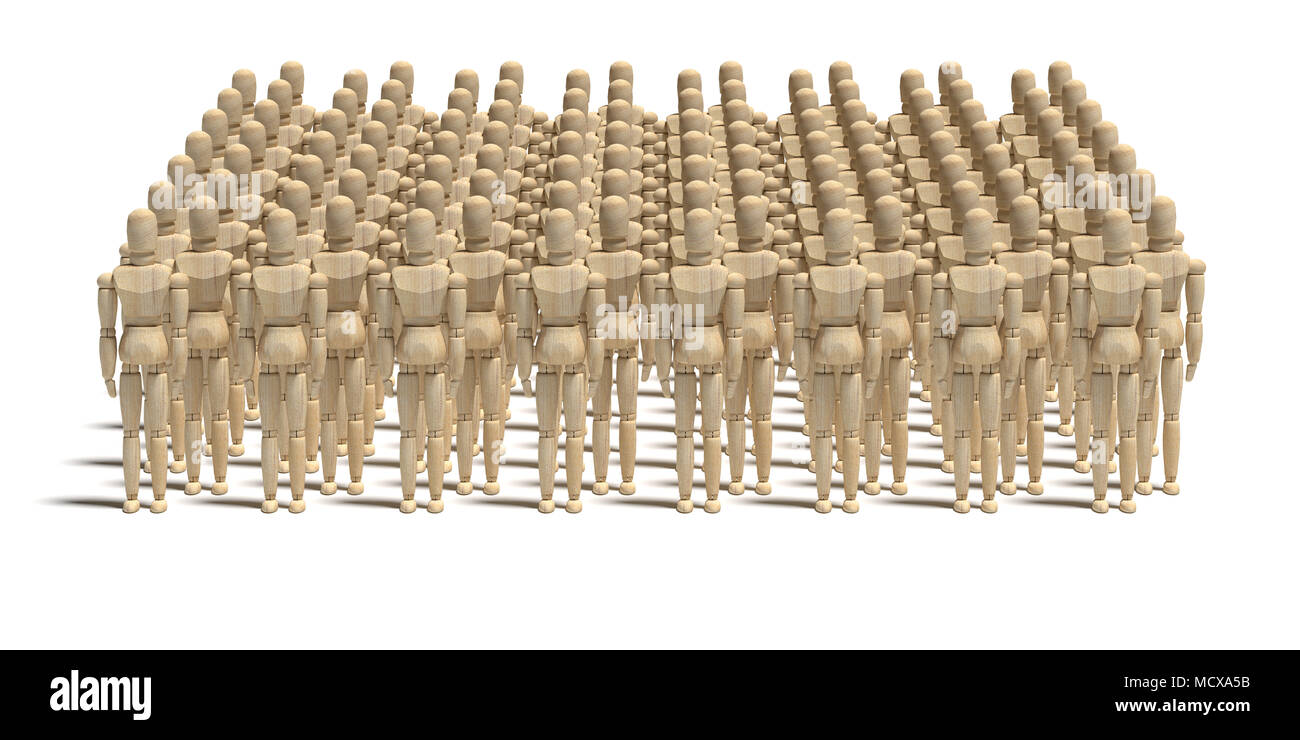 3D rendering di molti manichino di legno giocattolo del prototipo umano su sfondo bianco Foto Stock