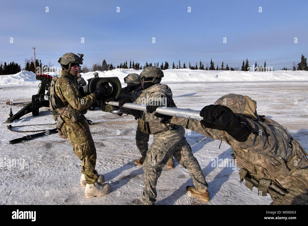 Il 2nd Battalion, 8th Field Artillery Regiment è un'unità di artiglieria campale della 1st Stryker Brigade Combat Team, 25th Infantry Division, U.S. Army Alaska. Il 7 marzo 2018, presso la Yukon Training area, Alaska, i soldati allinearono un obice da 155 mm per sparare dopo che gli elicotteri CH-47 Chinook consegnarono cannoni ed equipaggi durante l'esercitazione Automatic Big Rig. L'immagine di archivio documenta le procedure di posa dell'artiglieria su terreni artici. Foto Stock