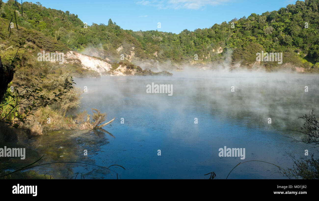 Paesaggio colpo di padella lago dalla Valle Vulcanica di Waimangu vicino a Rotorua, Isola del nord della Nuova Zelanda Foto Stock