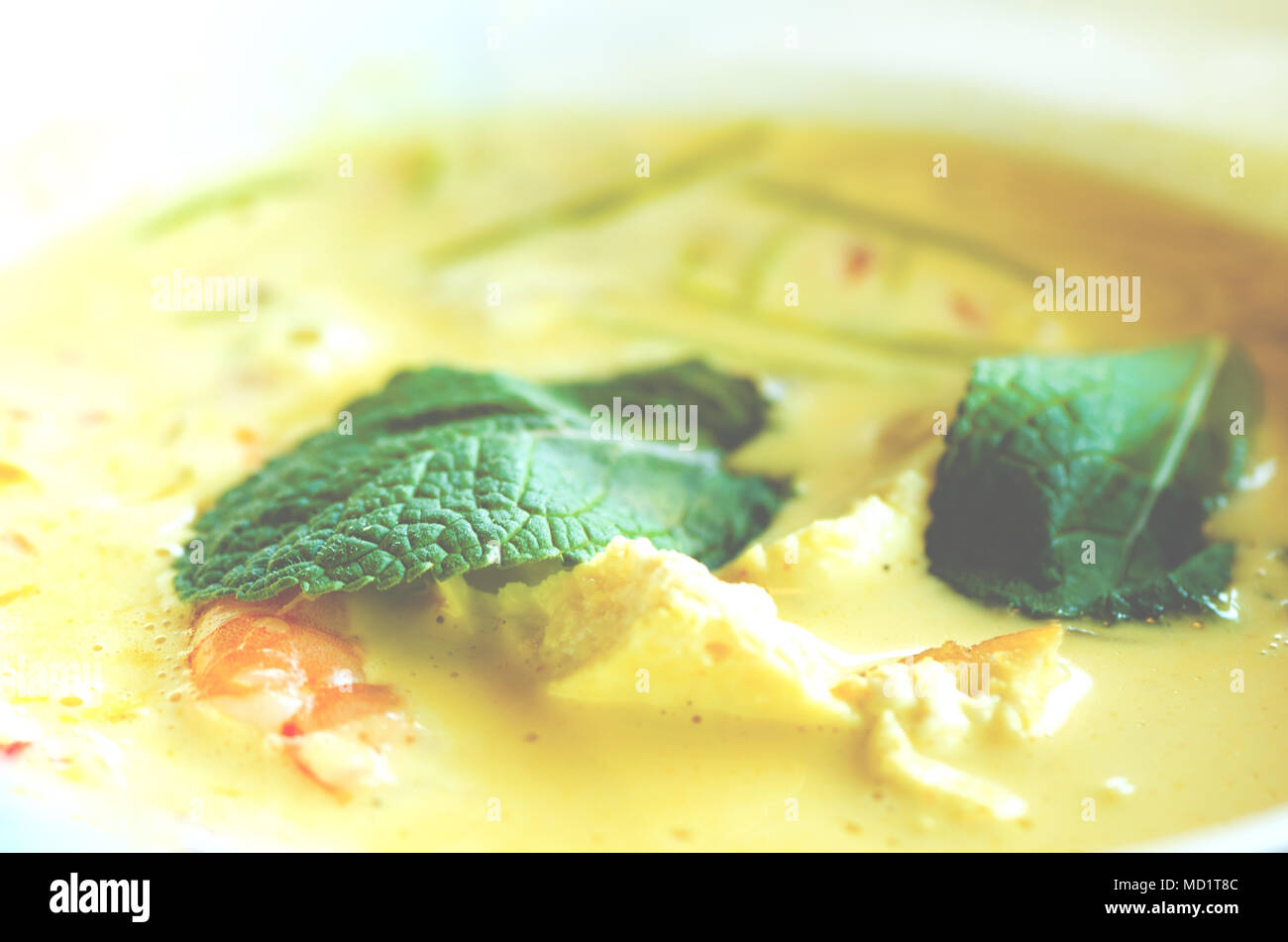 Piccante di latte di cocco minestra in crema di curry con pollo, gamberoni, lungo spaghetti di soia, i germogli di soia, calce, peperoncino e menta. Asian nationa tradizionali Foto Stock
