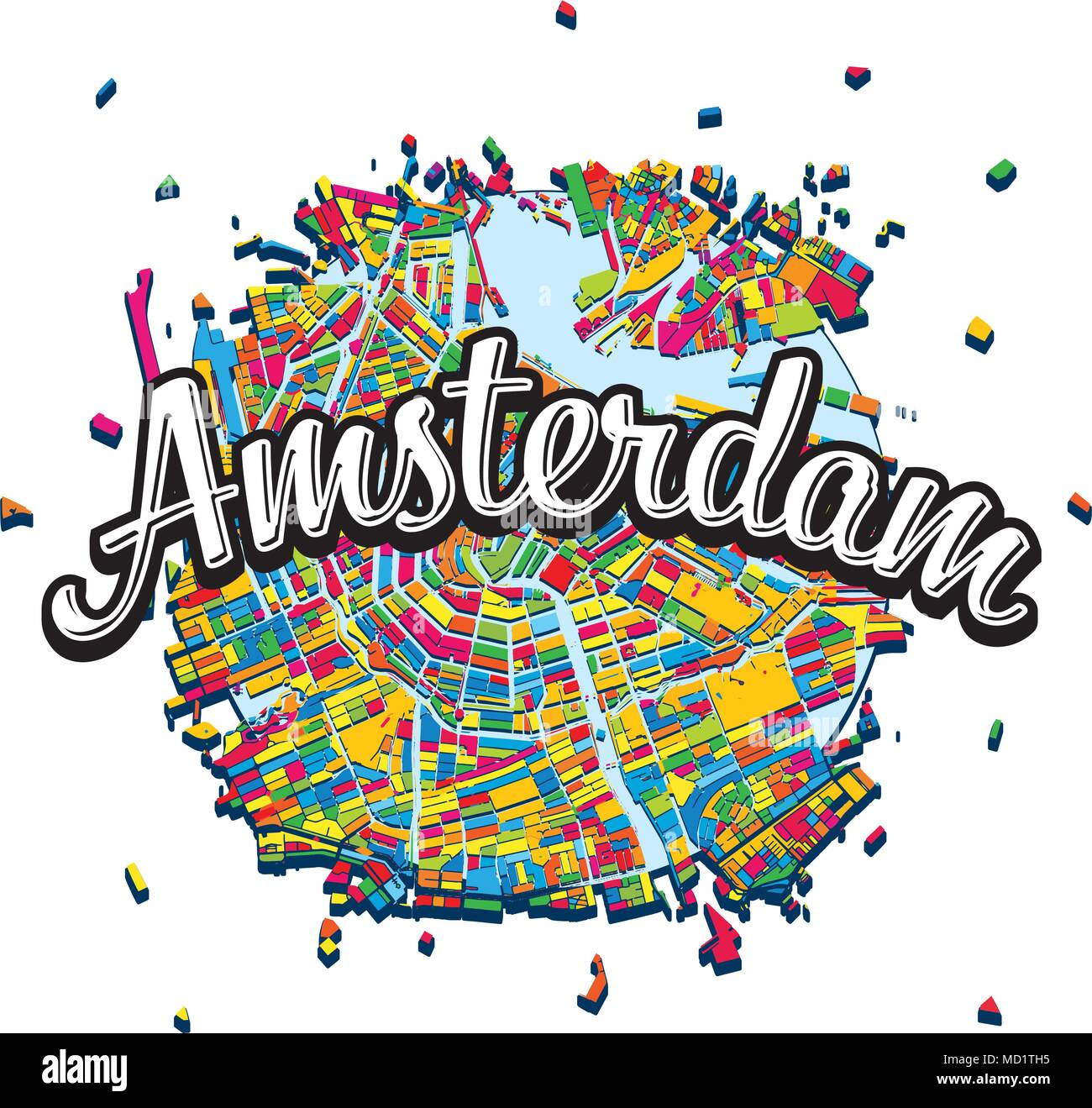 Mappa di Amsterdam con scritto il titolo. Viaggiare per il mondo il concetto di immagini vettoriali per il marketing digitale e stampe poster. Illustrazione Vettoriale