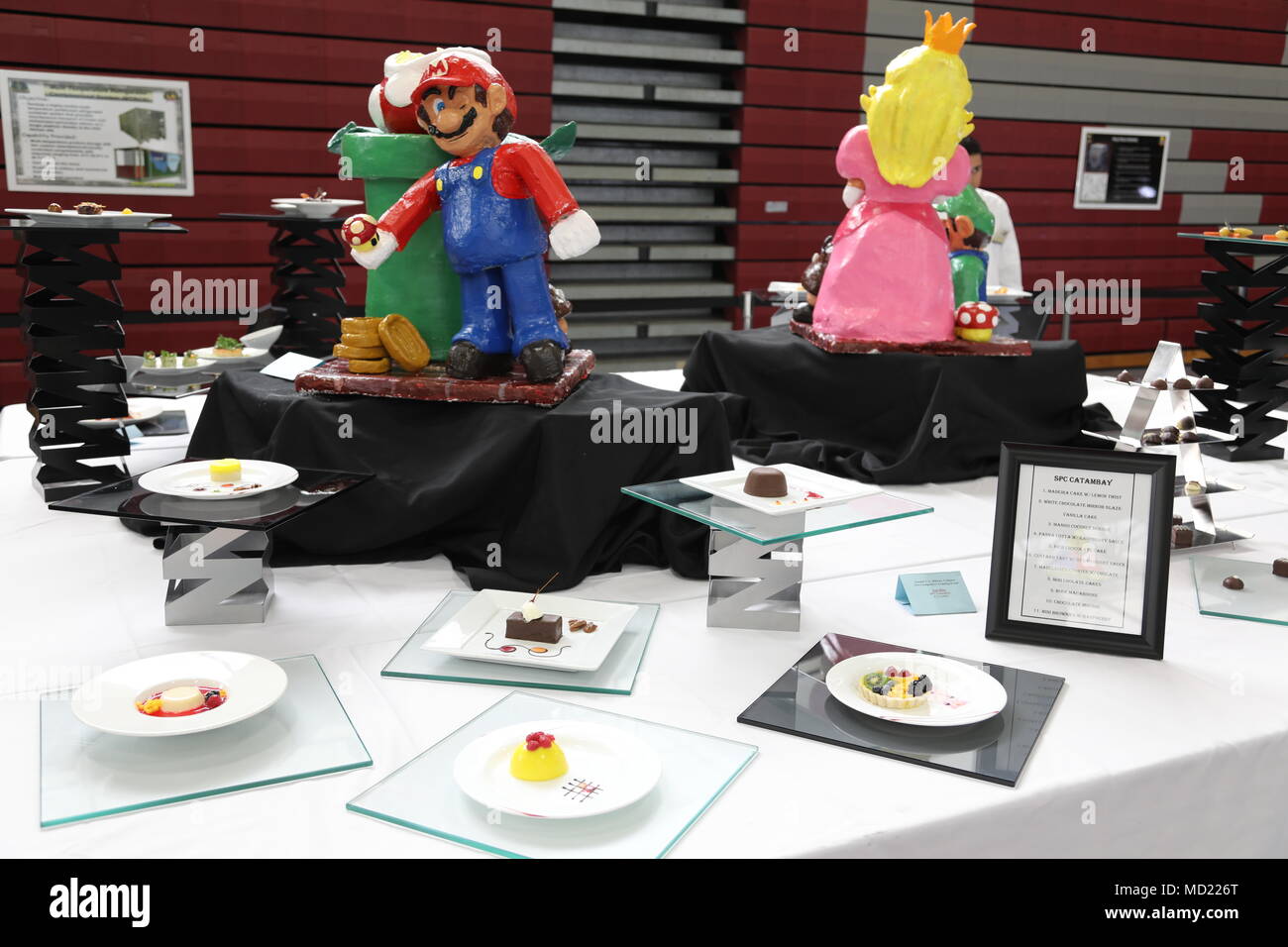 Fort Bliss, Texas, esposizione di tavoli da cucina militari a tema dopo Mario Brothers al Joint Culinary Training Exercise (JCTE) di Fort Lee, Virginia, che mette in mostra creatività e abilità culinarie. Il disco fotografico d'archivio documenta l'arte culinaria militare e la competizione. Foto Stock