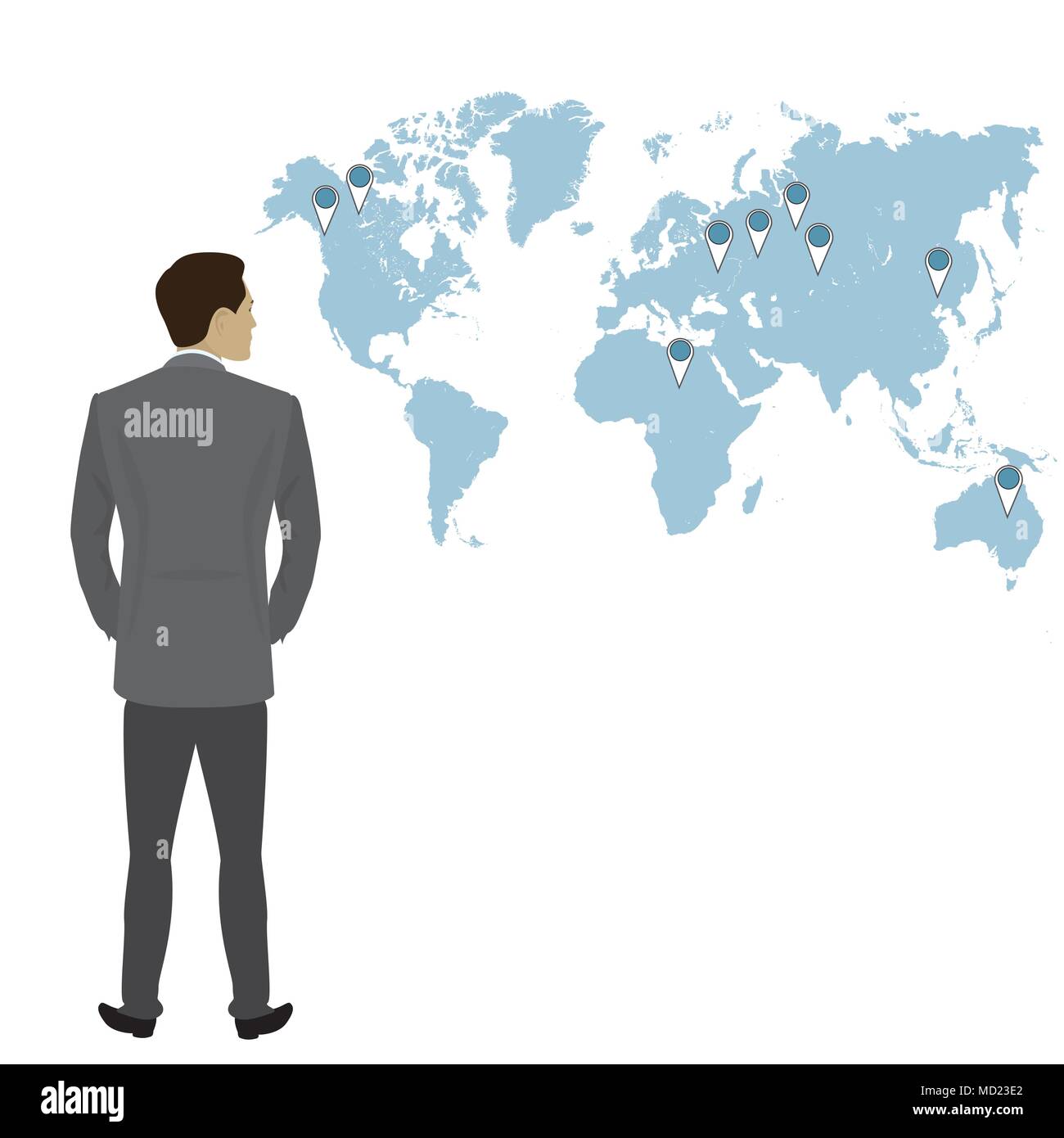 Imprenditore a lunghezza piena vista posteriore isolato , mappa del mondo su sfondo , stock piatta illustrazione vettoriale Illustrazione Vettoriale