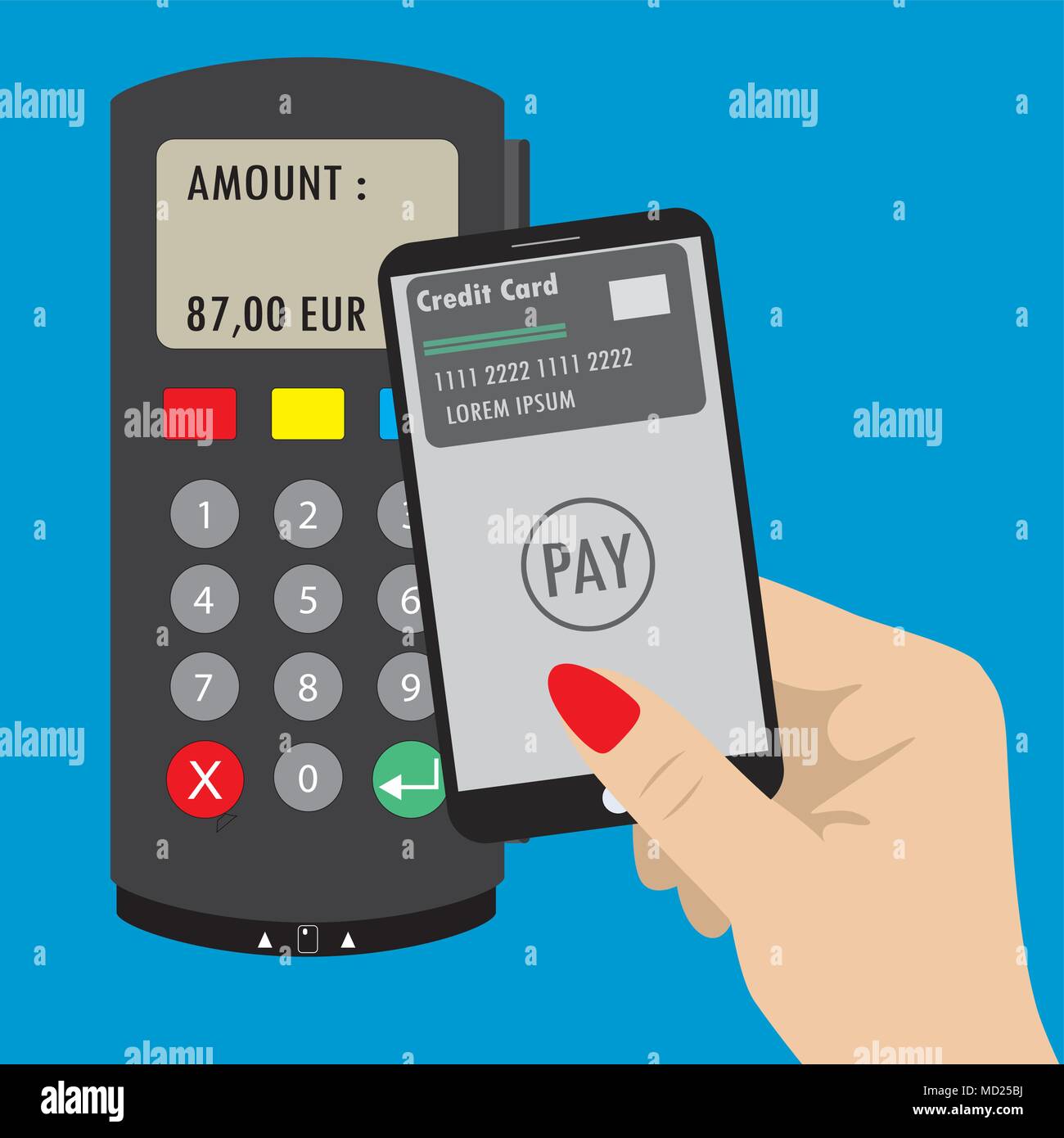 Terminale POS e mano azienda smartphone con carta di credito sullo schermo.nfc pagamenti concetto. Illustrazione Vettoriale piatta in background di design Illustrazione Vettoriale