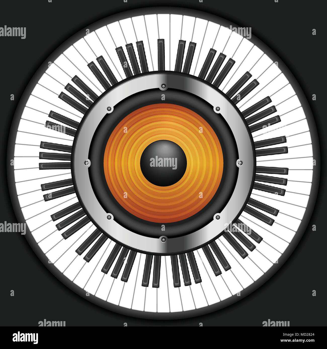Cerchio tastiera di pianoforte con altoparlante su uno sfondo nero. Illustrazione Vettoriale