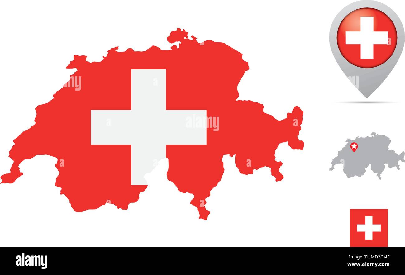 Cartina della Svizzera nella bandiera nazionale colori, bandiera, marker e la posizione di capitale. Illustrazione Vettoriale