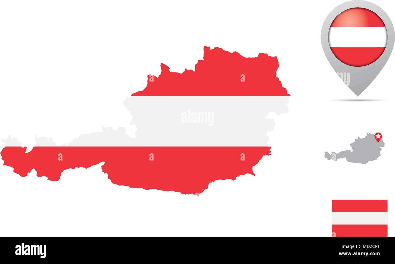 Austria mappa in bandiera nazionale colori, bandiera, marker e la posizione di capitale. Illustrazione Vettoriale
