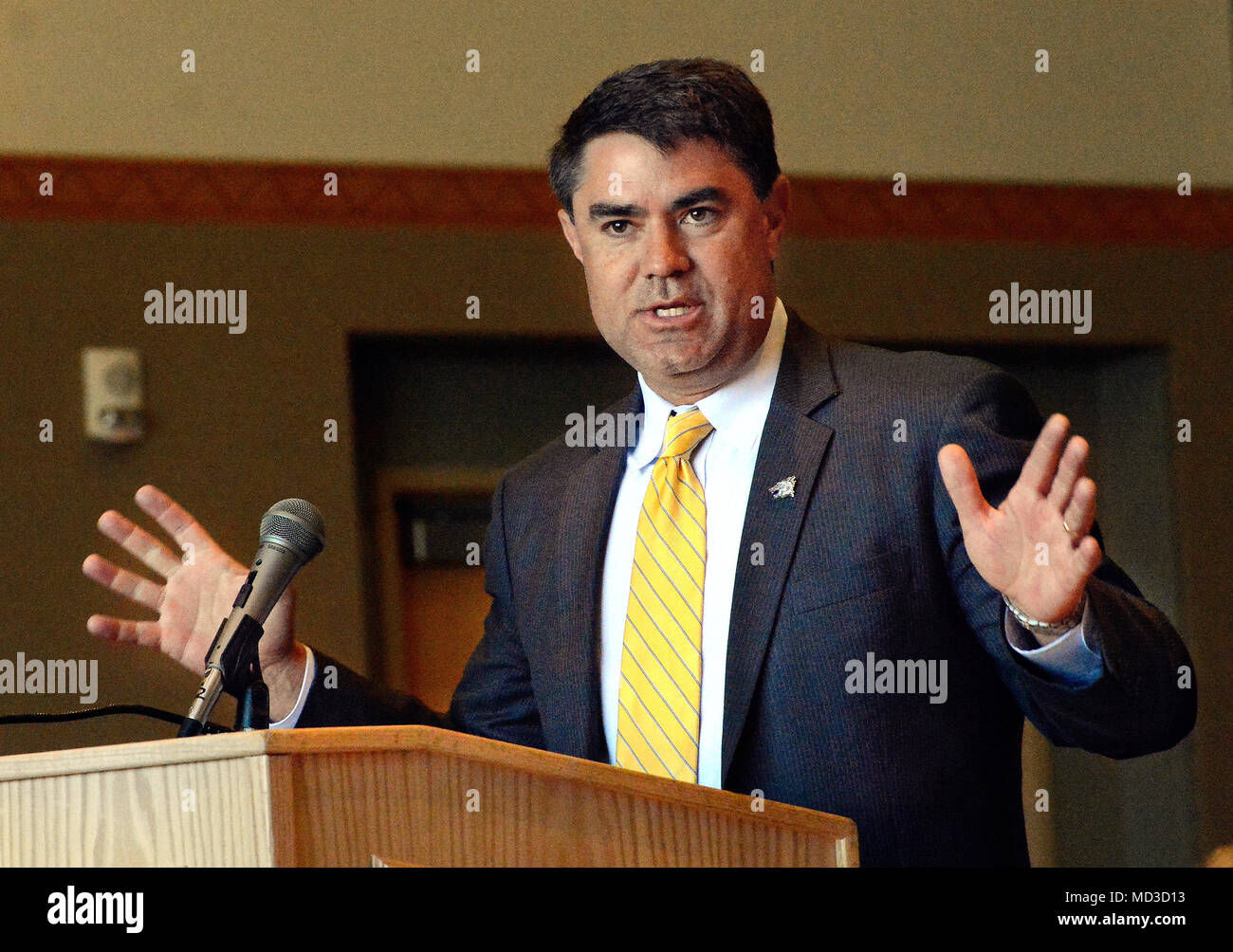 Albuquerque, NM, Stati Uniti d'America. Xvii Apr, 2018. Albuquerque Attorney Paolo Melendres parla di avente un fratelli che hanno svolto per proprio programmi di calcio presso il consiglio di amministrazione di Regents riunione Martedì mattina nel proprio Student Union. Martedì, Aprile. 17, 2018. Credito: Jim Thompson/Albuquerque ufficiale/ZUMA filo/Alamy Live News Foto Stock