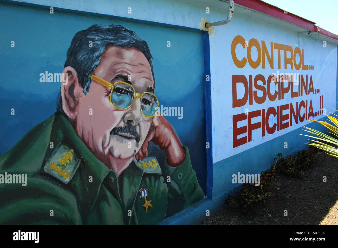 Archiviato - 17 aprile 2018, La Havanna, Cuba: estremamente grandi grafitti di Raul Castrp, presidente di Cuba disegnati su una parete. Le parole 'Control, Disciplina, Eficiencia.', che significa controllo, disciplina e l'efficienza sono scritti accanto alla faccia dipinta. Il parlamento cubano avrà la possibilità di scegliere il presidente, Raul Castro il successore di questa settimana. Foto: Guillermo Nova/dpa Foto Stock