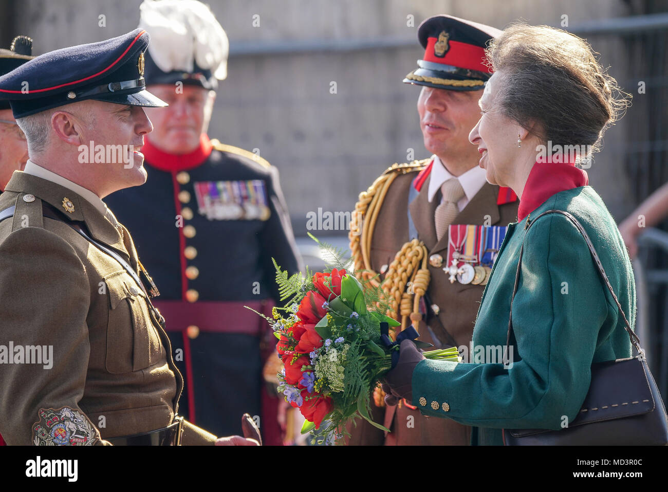 Greenwood Road Pirbright. Il 18 aprile 2018. Il venticinquesimo anniversario dell'Esercito britannico più grande del corpo, il Royal Logistic Corps ha tenuto il suo anniversario parade questo pomeriggio. Sua Altezza Reale la Principessa è stato ospite di onore per questa occasione storica. Credito: James jagger/Alamy Live News Foto Stock