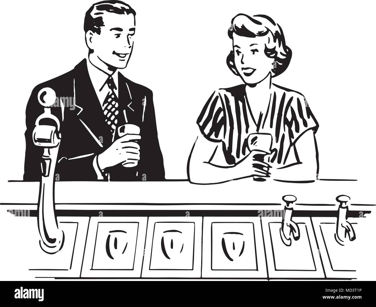 Una data presso la Fontana di soda - retrò illustrazione clipart Illustrazione Vettoriale