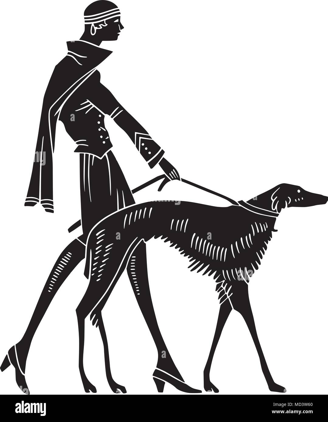 Art Deco donna con cane - retrò illustrazione clipart Illustrazione Vettoriale