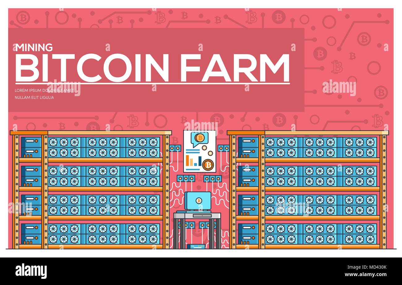 Fattoria Bitcoin sottile linea illustrazione vettoriale concetto. La tecnologia moderna attrezzatura simbolo lineare pack. Il modello Linea sottile logo, simboli, il pittogramma e piatto illustrazioni concetto. Illustrazione Vettoriale